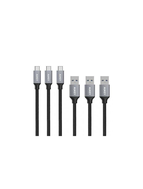 Aukey CB-CMD1 Braided Nylon USB A To USB C Quick Charge 3.0 Cable (3 Pack) 1m- Black