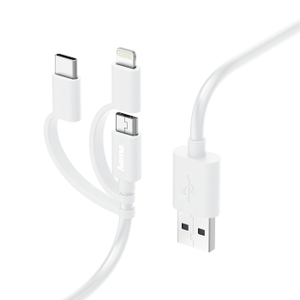 HAMA 187200 3-IN-1 MIC-USB CABLE WITH ADAPTER USB-C & LIGHTN,1.0 M,WHITE